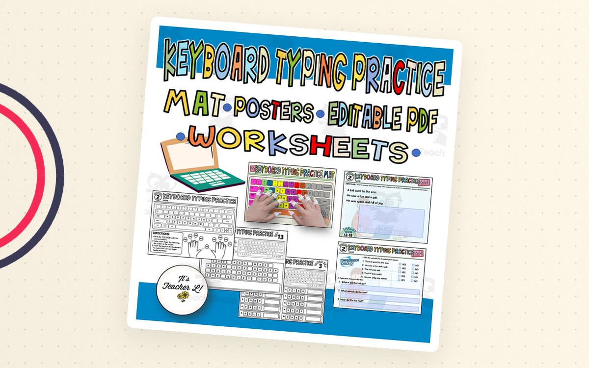 Keyboard Typing Practice cover with keyboard mats, worksheets, posters, and a photo of hands typing.