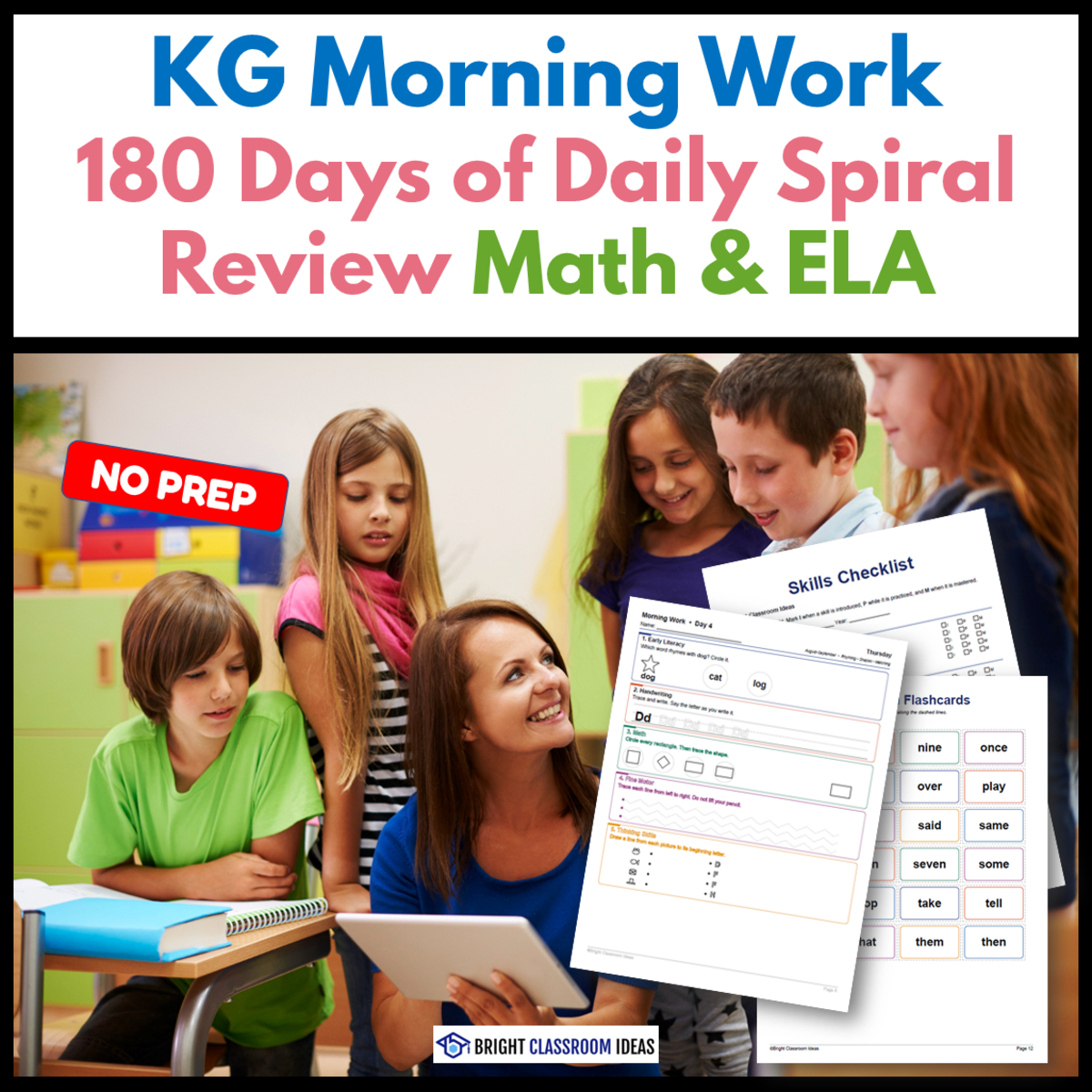 An educational teaching resource from Bright Classroom Ideas Marketplace entitled KG Morning Work | 180 Days of Daily Spiral Review | Math & ELA downloadable at Teach Simple.