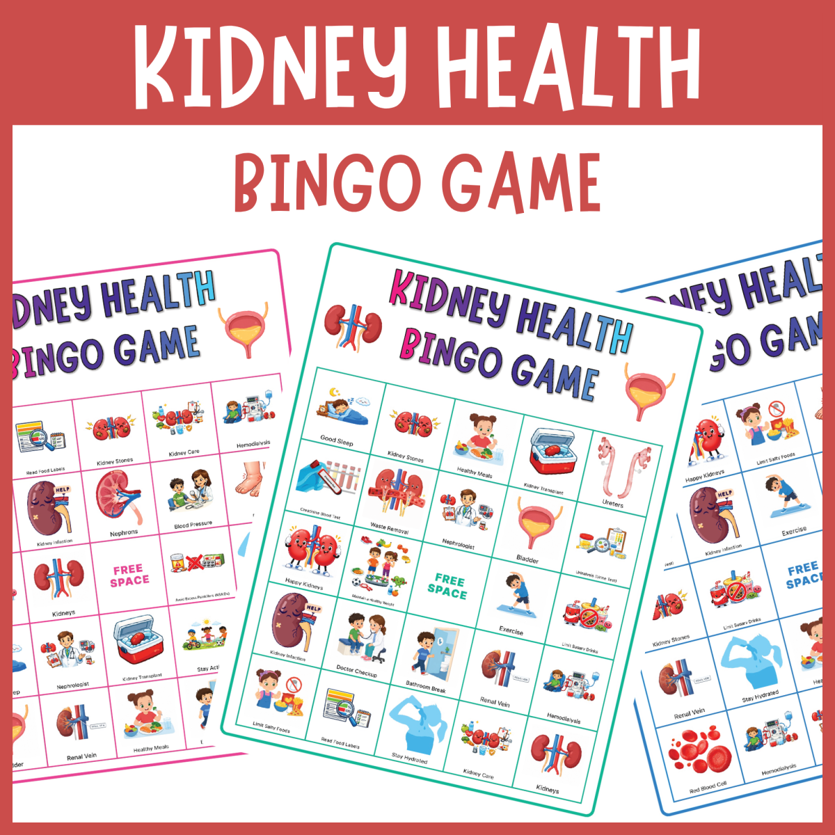 An educational teaching resource from The Clever Llama entitled Kidney Renal Health bingo game Human Body CKD Prevention Vocabulary downloadable at Teach Simple.