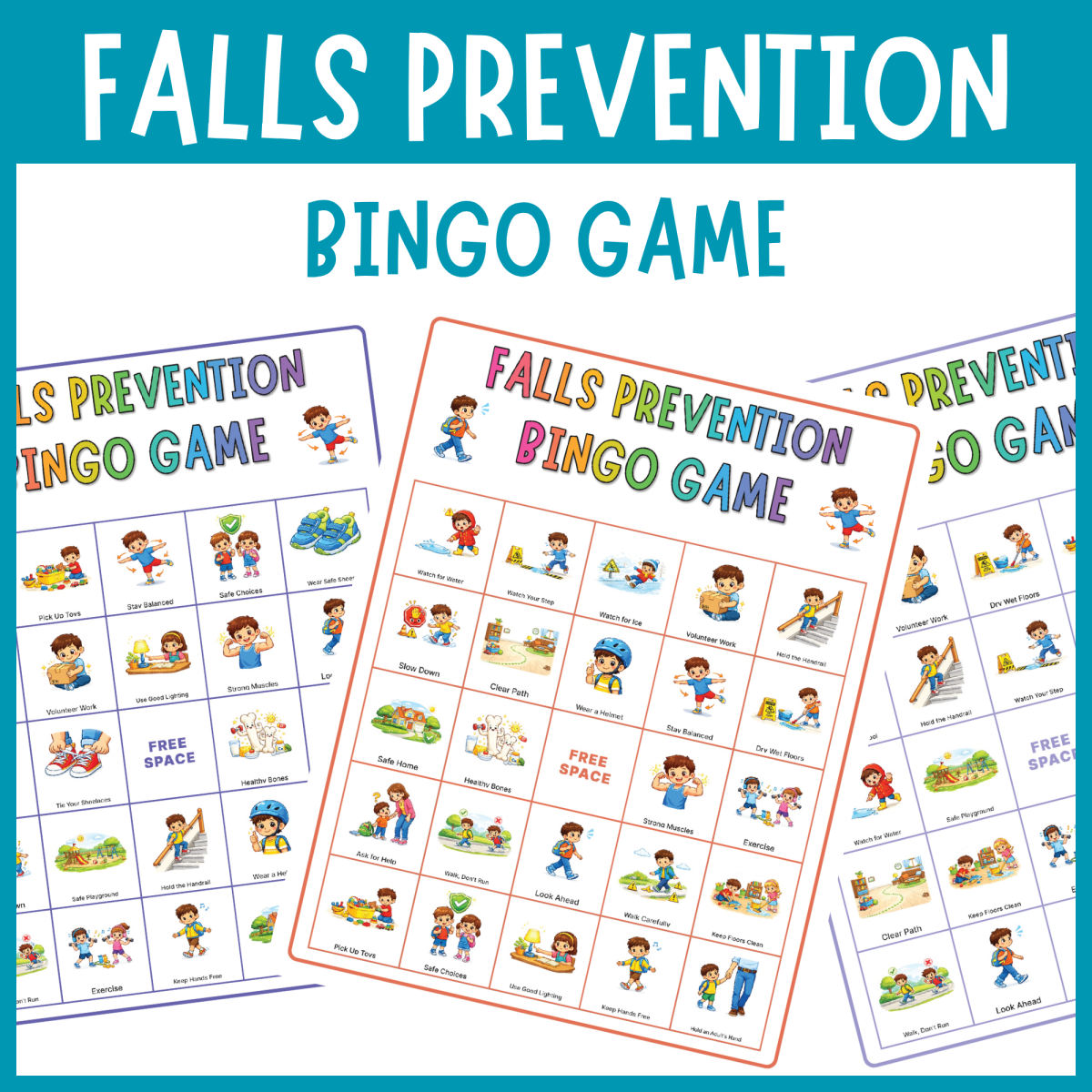 An educational teaching resource from The Clever Llama entitled Kids Falls Prevention bingo game Injury Prevention Strategy P.E safety downloadable at Teach Simple.
