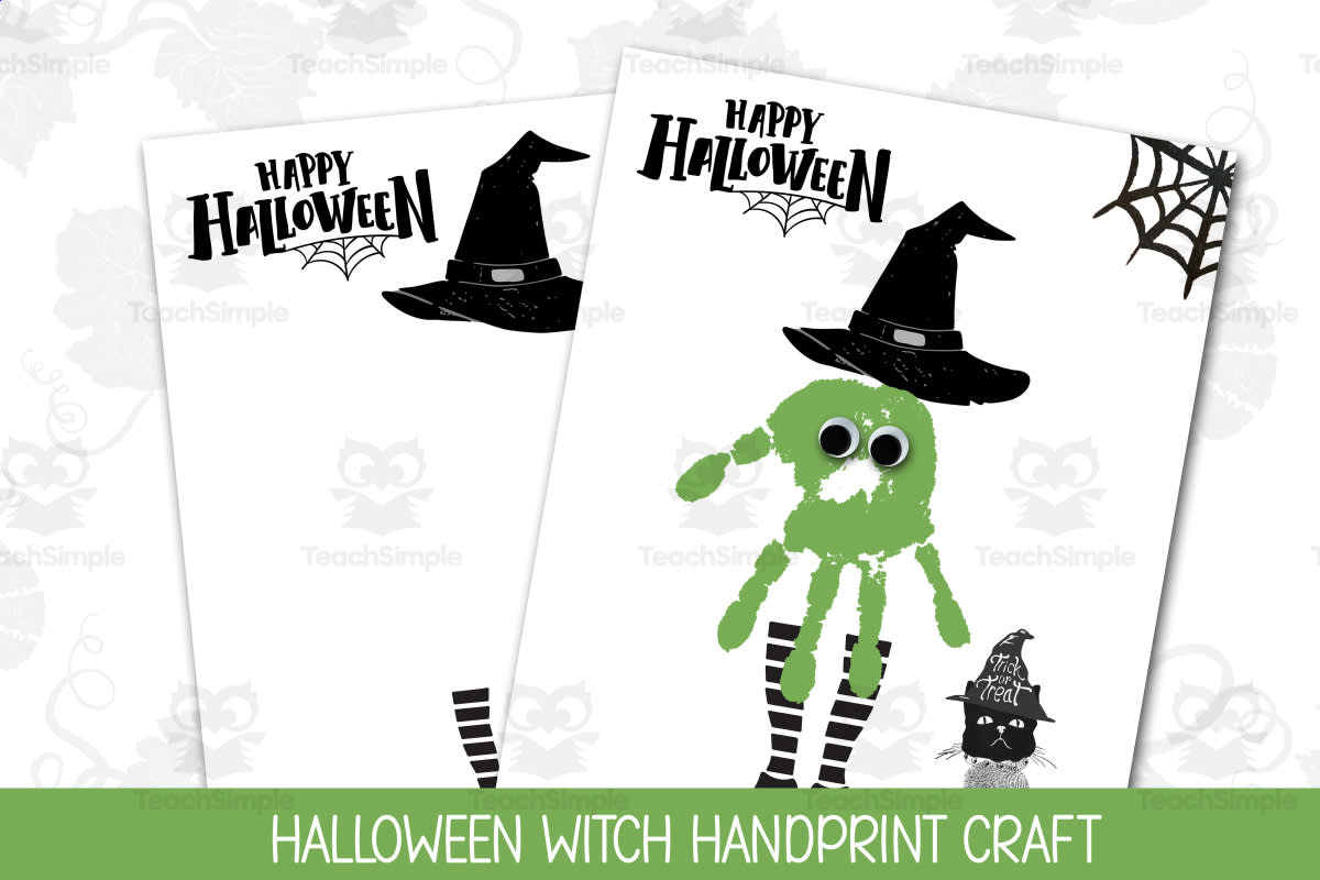 An educational teaching resource from Forever June Digital Design entitled Kids Witch Craft, DIY Handprint Art, Halloween Homeschool Activity downloadable at Teach Simple.