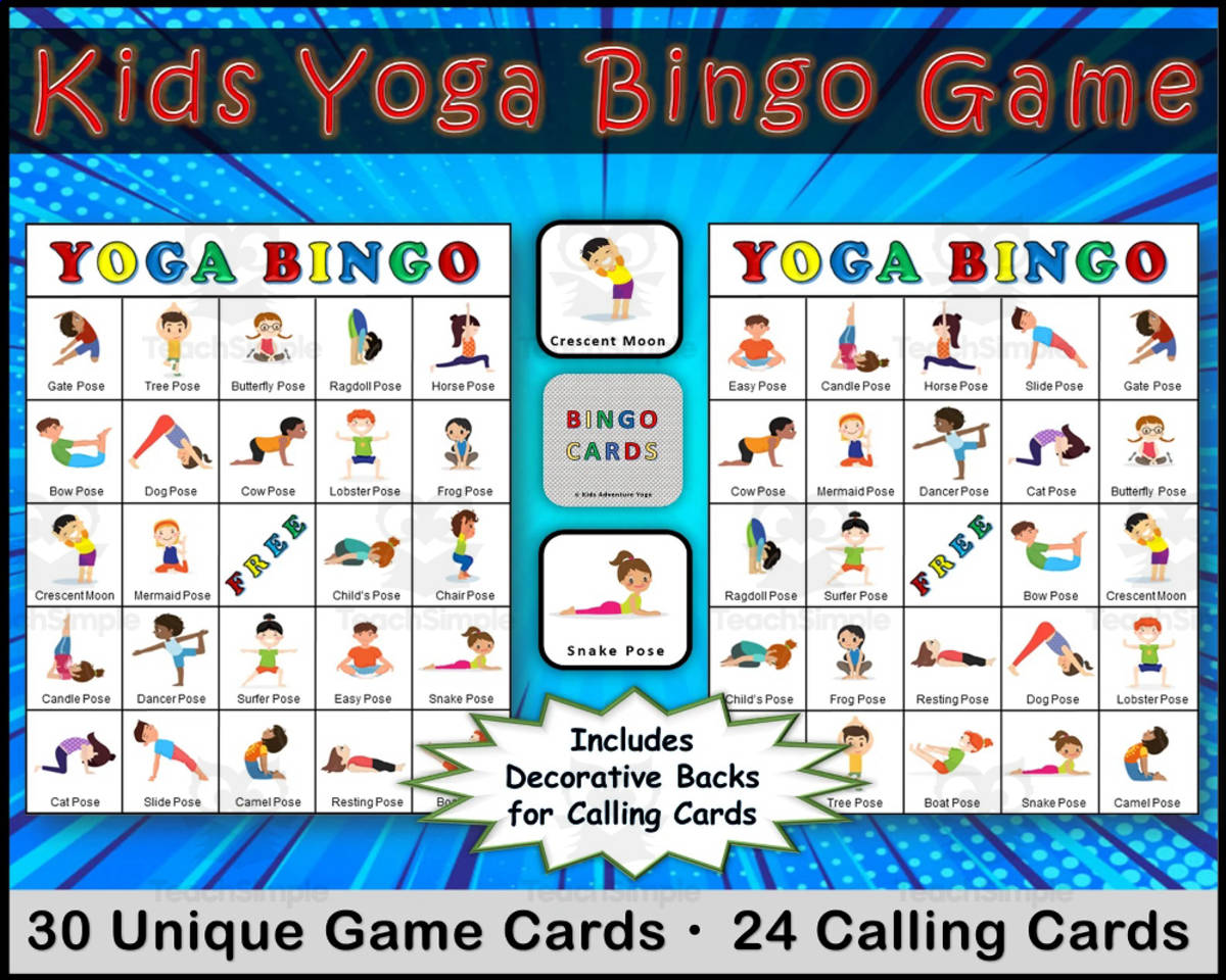 An educational teaching resource from Kids Adventure Yoga entitled Kids Yoga Bingo Game downloadable at Teach Simple.