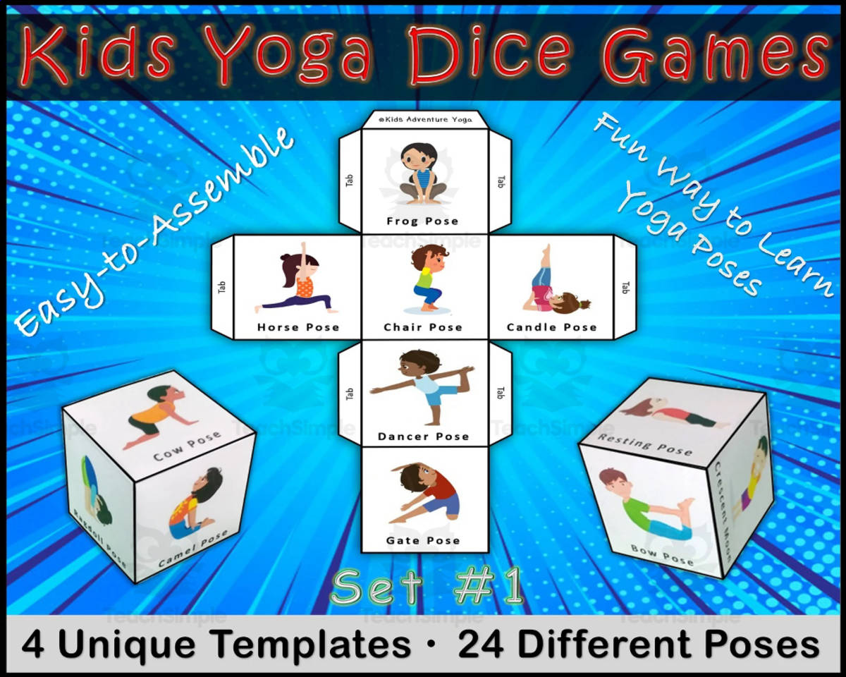An educational teaching resource from Kids Adventure Yoga entitled Kids Yoga Dice Game with 24 Different Poses - 24 Poses downloadable at Teach Simple.