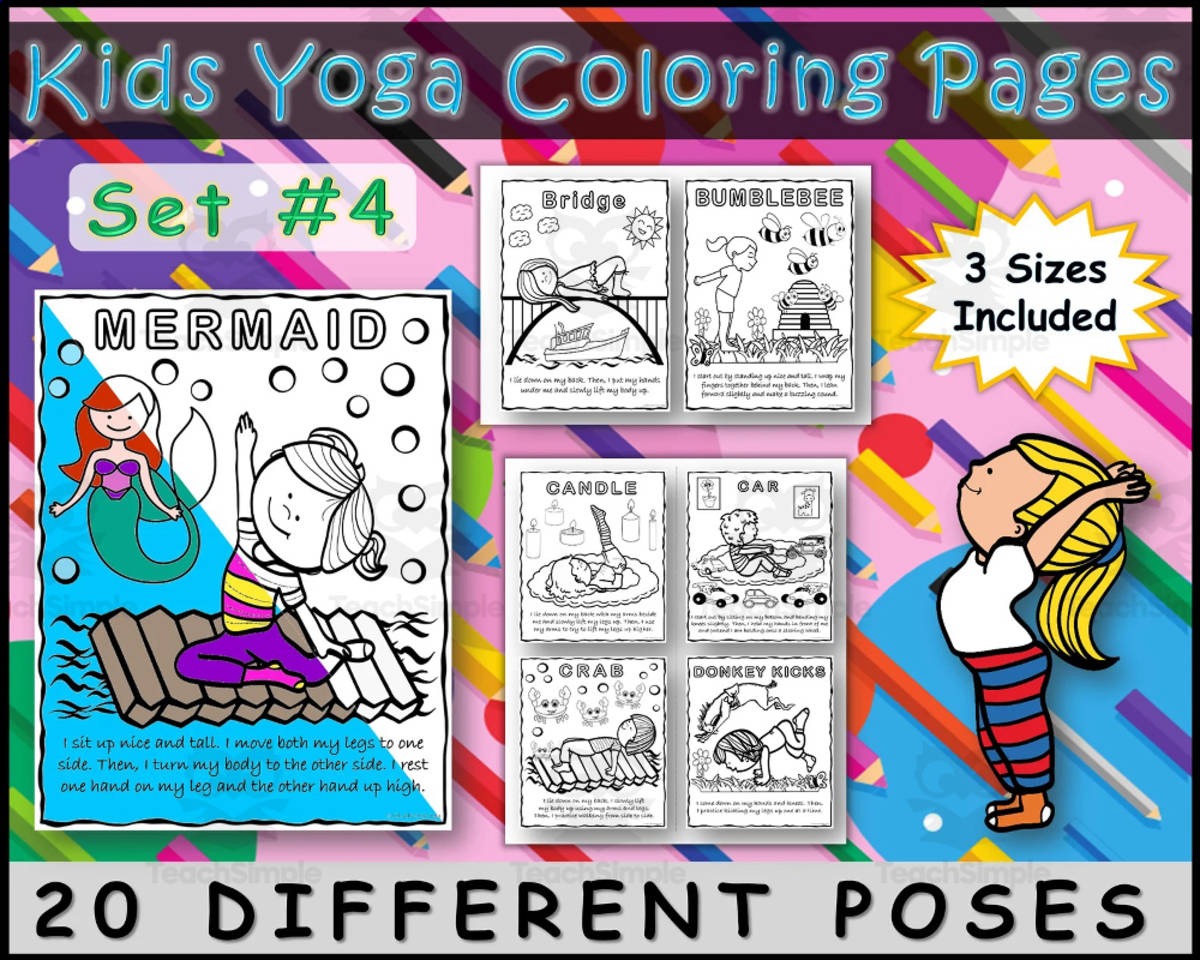 An educational teaching resource from Kids Adventure Yoga entitled Kids Yoga Pose Coloring Pages Set #4 downloadable at Teach Simple.
