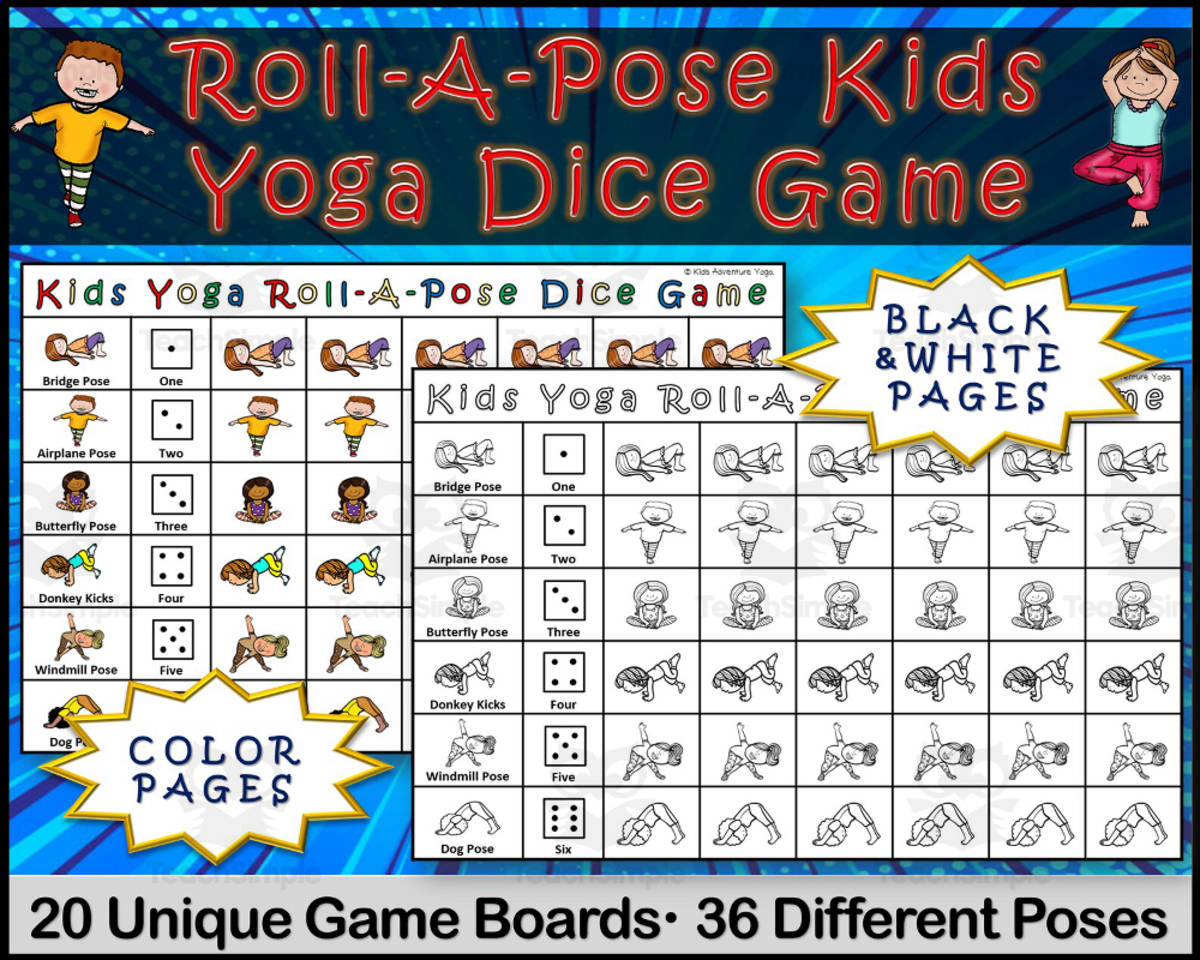 An educational teaching resource from Kids Adventure Yoga entitled Kids Yoga Roll and Cover Dice Game with 36 Different Poses downloadable at Teach Simple.