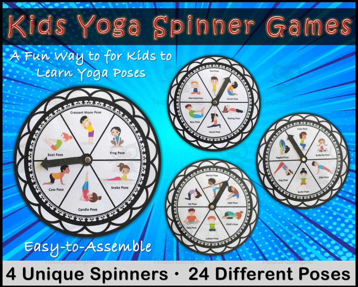 An educational teaching resource from Kids Adventure Yoga entitled Kids Yoga Spinner Games with 24 Different Poses downloadable at Teach Simple.