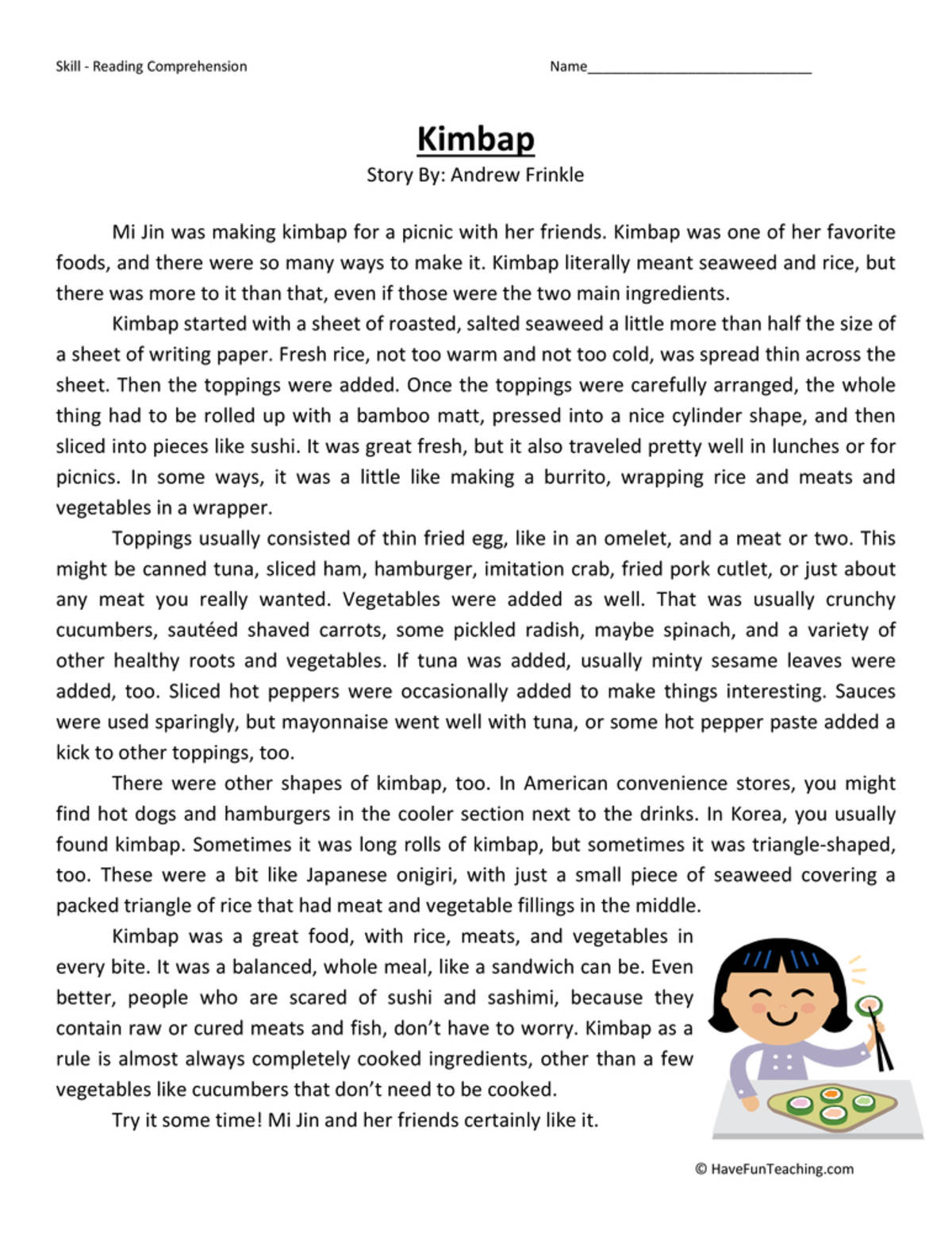 An educational teaching resource from Have Fun Teaching entitled Kimbap Reading Comprehension Worksheet downloadable at Teach Simple.