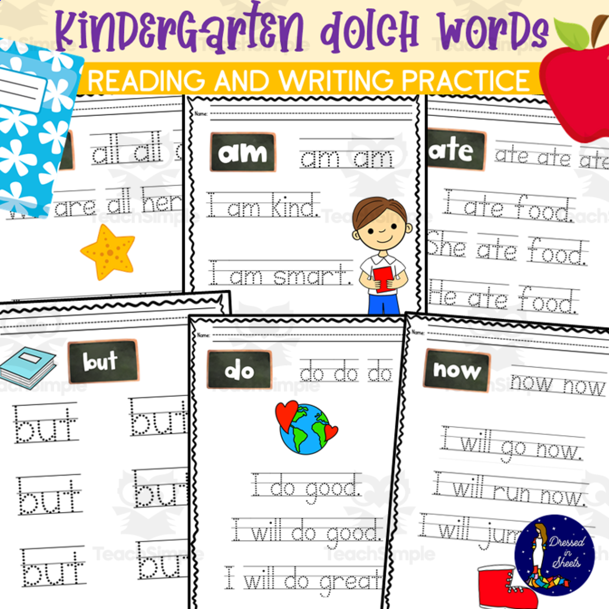 An educational teaching resource from Soumara Siddiqui entitled Kindergarten Dolch Words Reading and Writing Practice downloadable at Teach Simple.