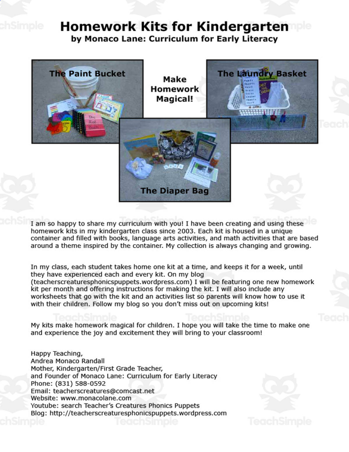 An educational teaching resource from Monaco Lane Curriculum for Early Literacy entitled Kindergarten Homework Kits downloadable at Teach Simple.