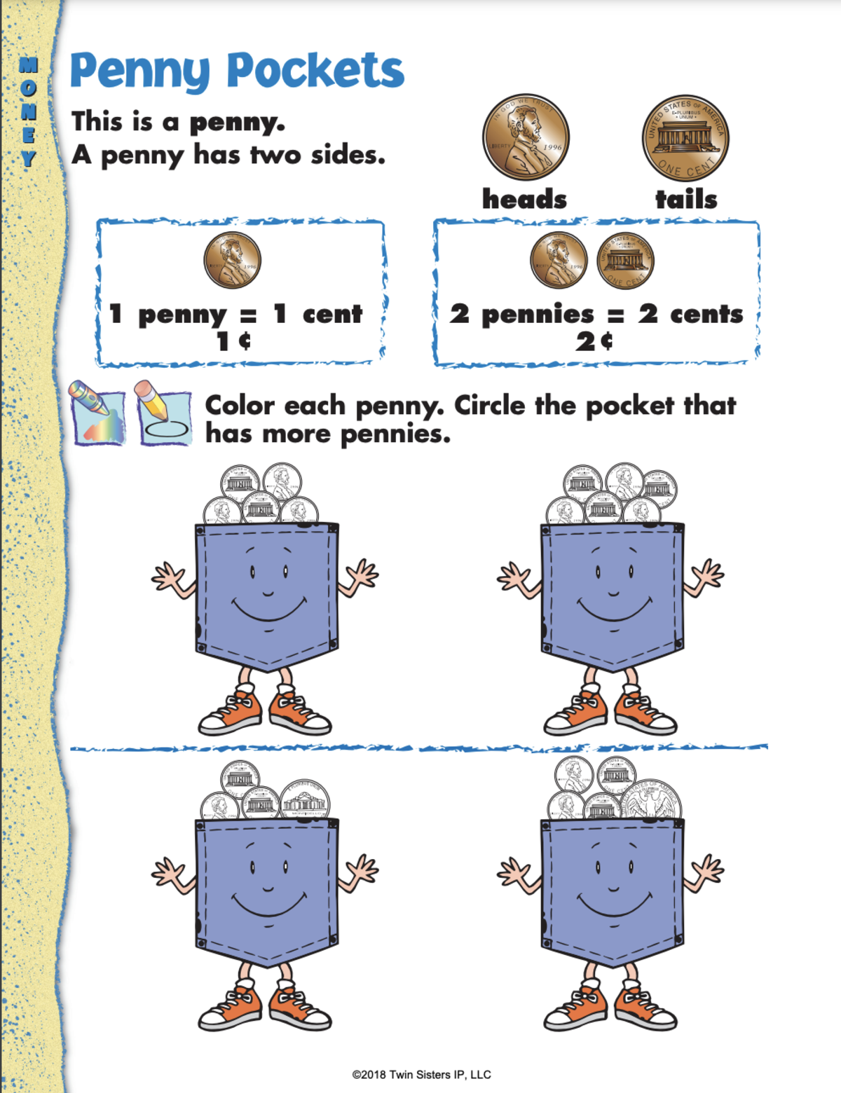 An educational teaching resource from Twin Sisters Digital Media entitled Kindergarten Learning: Money Printable Workbook downloadable at Teach Simple.