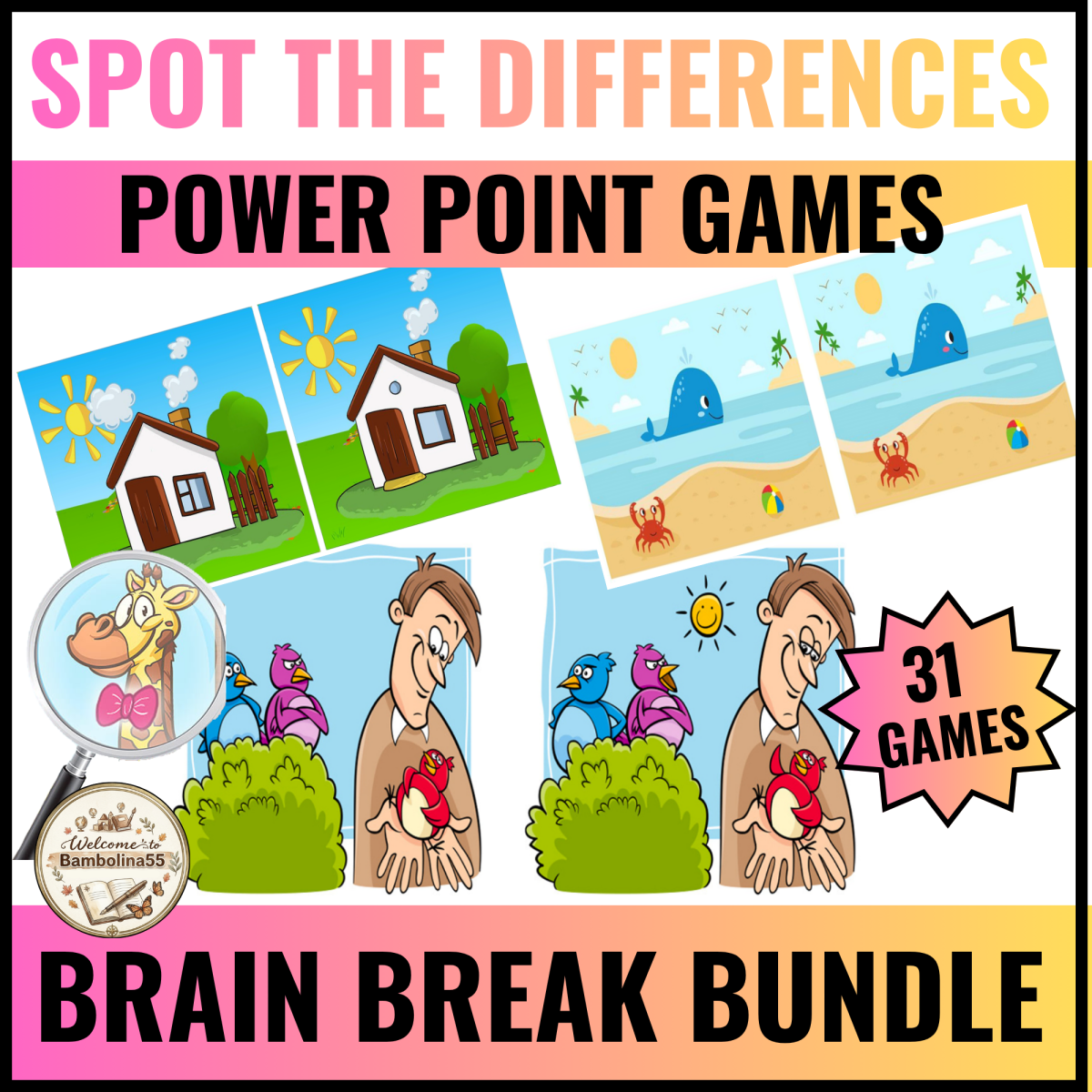 An educational teaching resource from Bambolina55 entitled Kindergarten PreK Brain Break PowerPoint Games | Spot The Differences downloadable at Teach Simple.