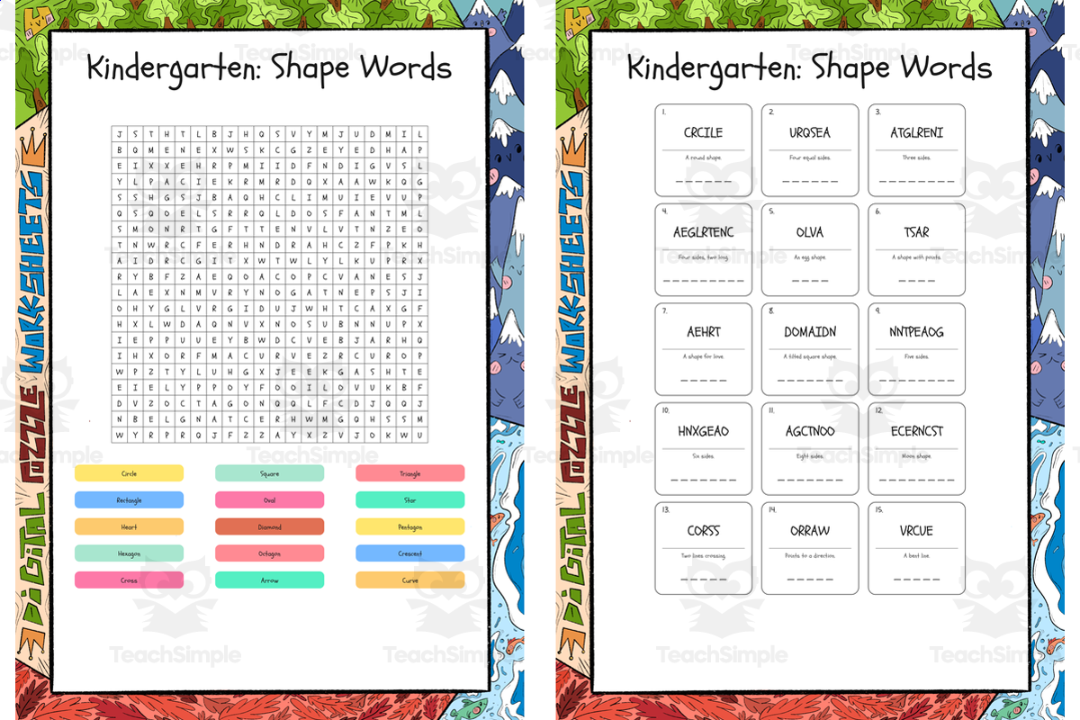 An educational teaching resource from Lapiiin Art Activities entitled Kindergarten Shape Words word search, scramble and crossword puzzle downloadable at Teach Simple.