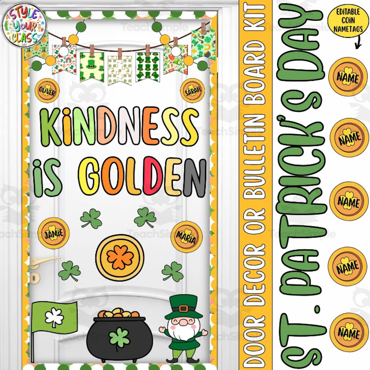 An educational teaching resource from Style Your Classroom entitled Kindness Is Golden: St. Patrick’s Day Bulletin Board or Door Decor kit downloadable at Teach Simple.