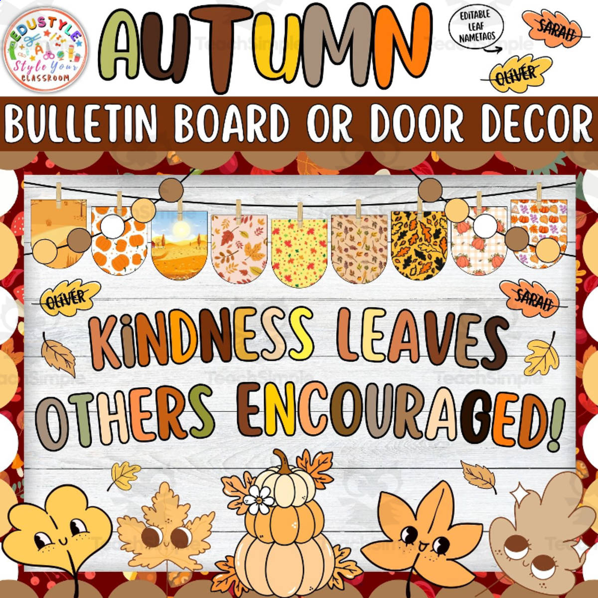 An educational teaching resource from Style Your Classroom entitled Kindness Leaves Others!: Autumn Bulletin Board and Door Decor Kit downloadable at Teach Simple.