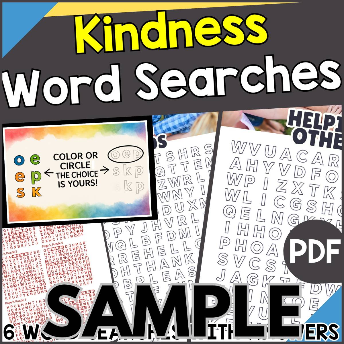 An educational teaching resource from Cored Education entitled Kindness Word Search: 1 Page Sample (PDF) downloadable at Teach Simple.