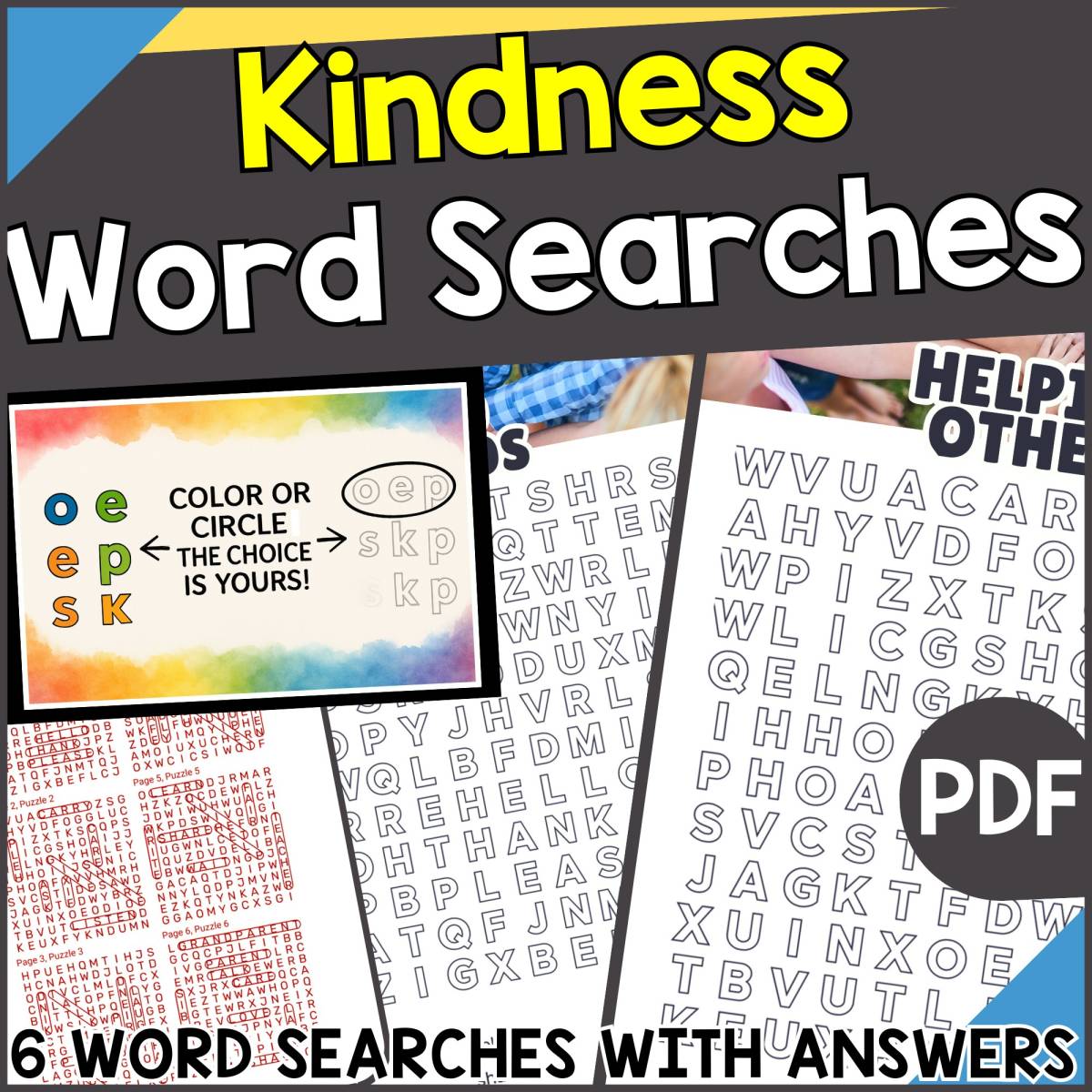 An educational teaching resource from Cored Education entitled Kindness Word Searches (PDF) downloadable at Teach Simple.