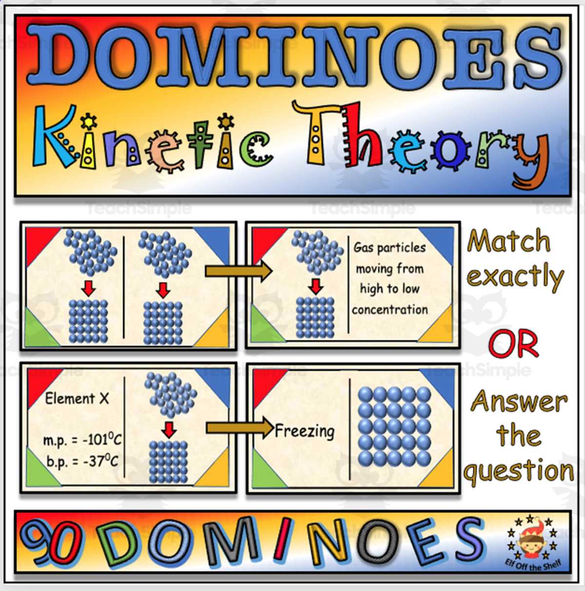 An educational teaching resource from Elf off the Shelf Resources entitled Kinetic Theory of Matter, States of Matter, Change of State Dominoes Game for Middle School downloadable at Teach Simple.