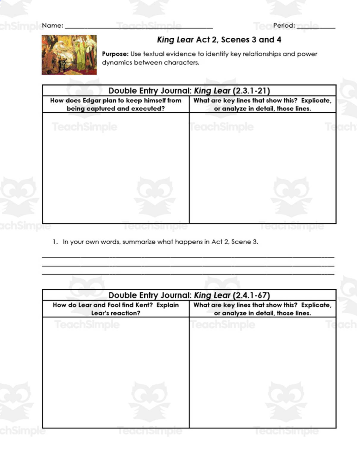 An educational teaching resource from ELA Resources entitled King Lear Act 2, Scenes 3-4 | Double Entry Journals downloadable at Teach Simple.