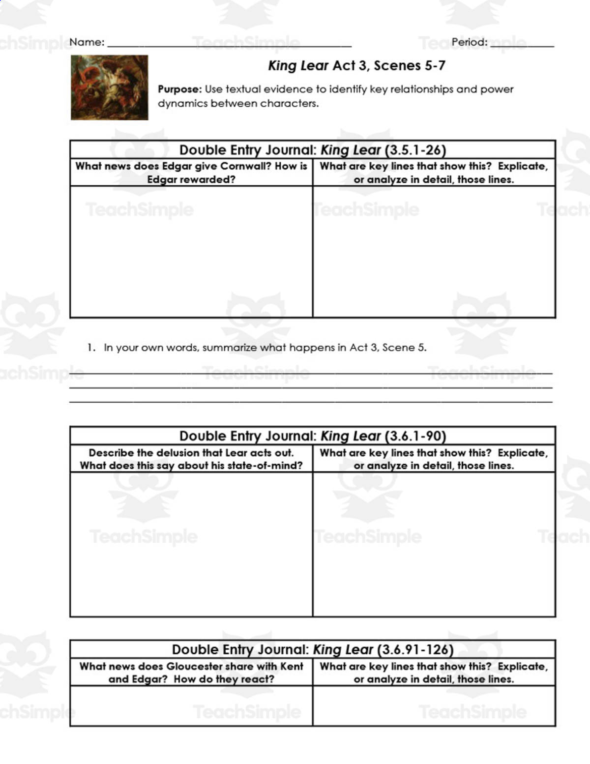 An educational teaching resource from ELA Resources entitled King Lear Act 3, Scenes 5-7 | Double Entry Journals downloadable at Teach Simple.