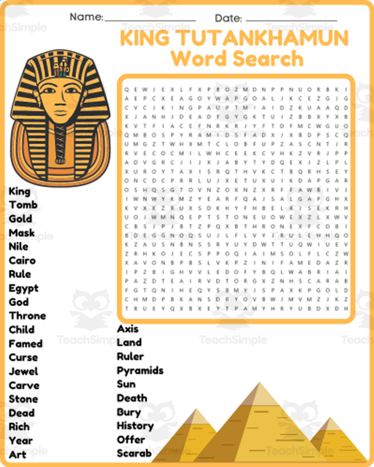 An educational teaching resource from space shope entitled KING TUT - TUTANKHAMUN Word Search Puzzle Worksheet Activity downloadable at Teach Simple.