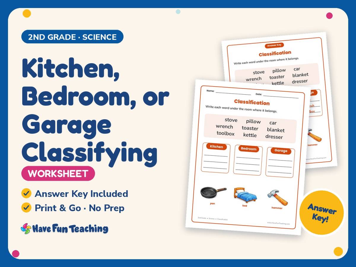 Kitchen, Bedroom, or Garage Classifying Worksheet – 2nd Grade Practice preview