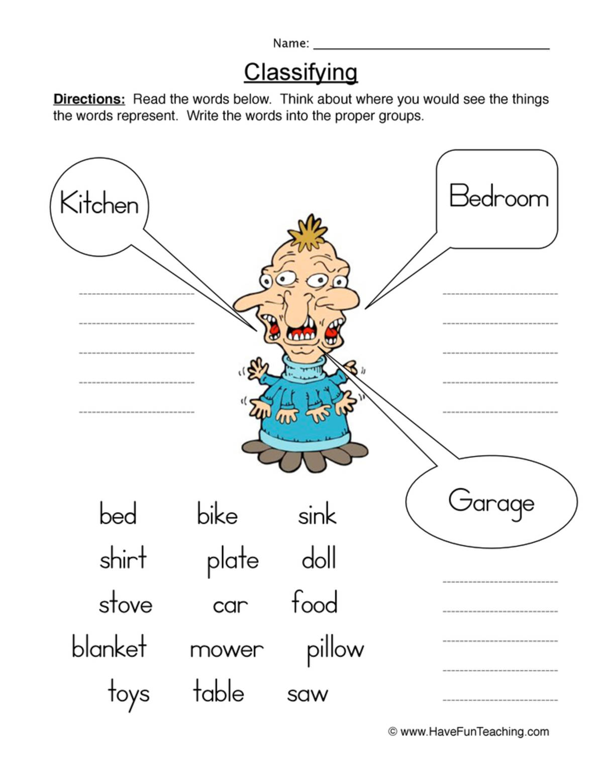 An educational teaching resource from Have Fun Teaching entitled Kitchen, Bedroom, or Garage Classifying Worksheet downloadable at Teach Simple.