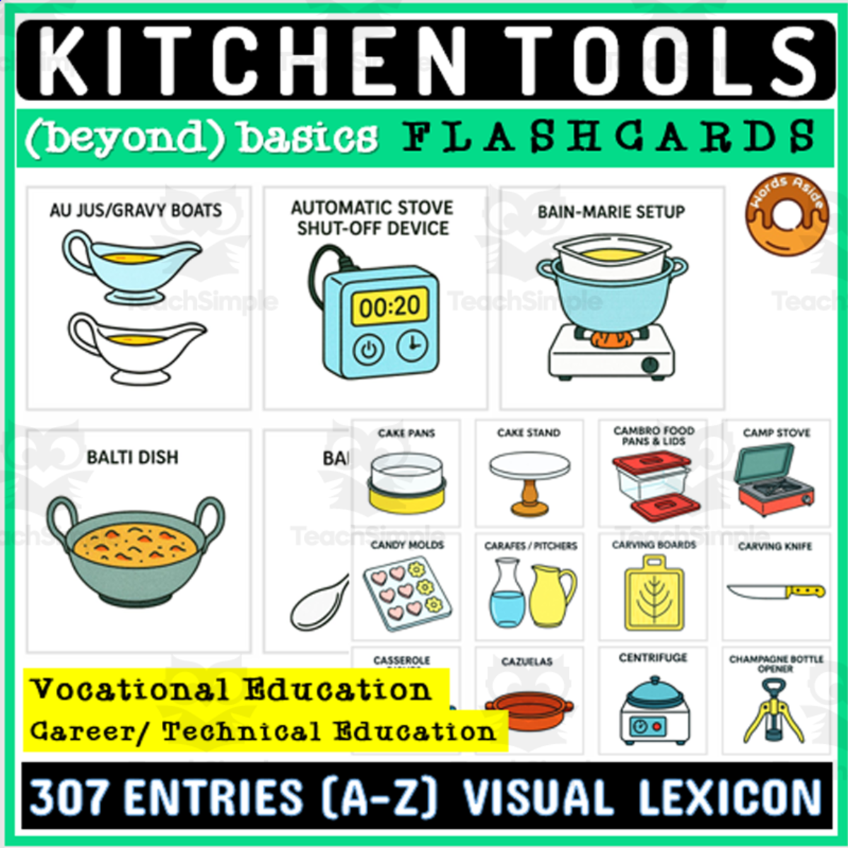 An educational teaching resource from WORDS ASIDE entitled Kitchen Cooking Tools Equipment Flashcards Catalog downloadable at Teach Simple.