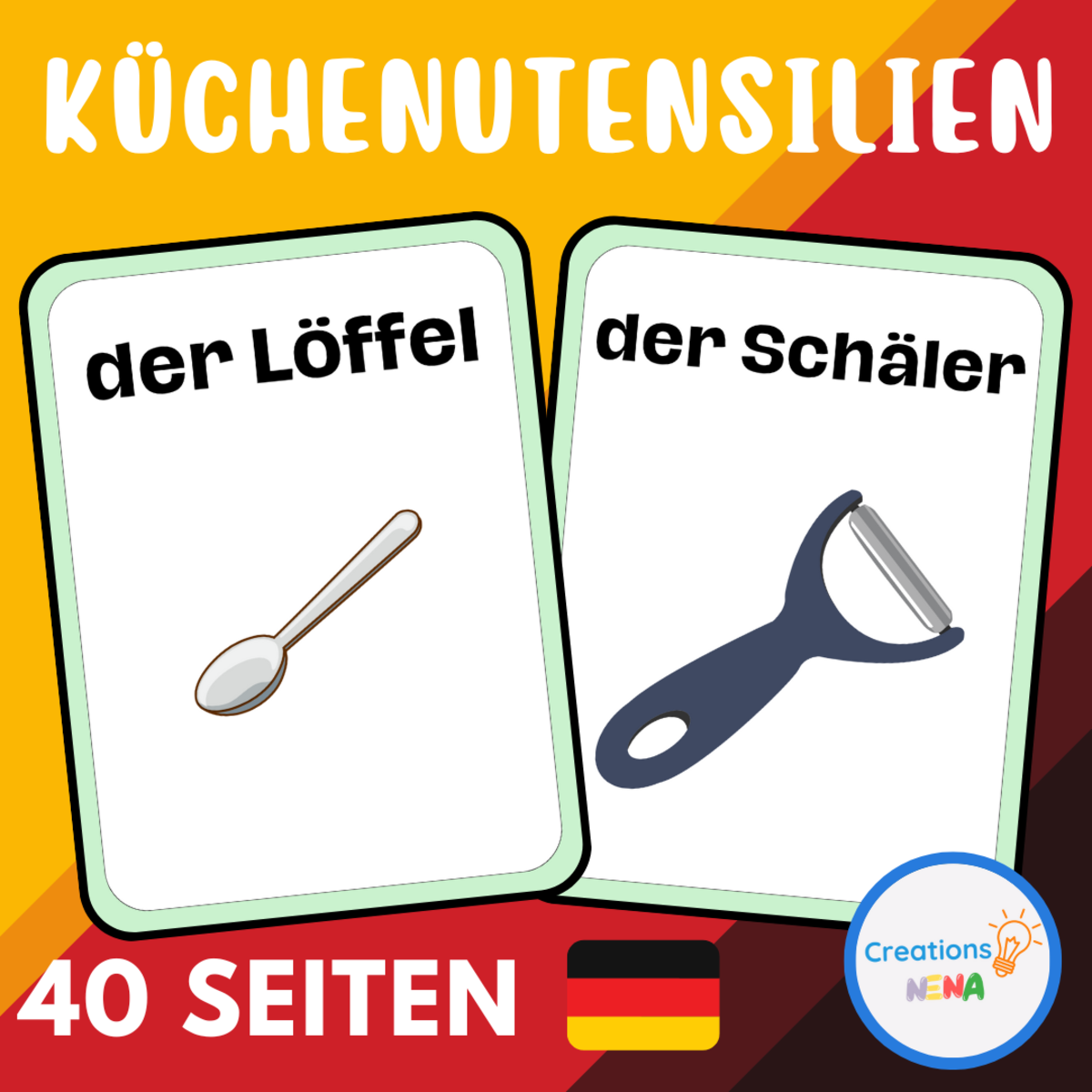 An educational teaching resource from Nena Creations entitled Kitchen Flashcards in German downloadable at Teach Simple.