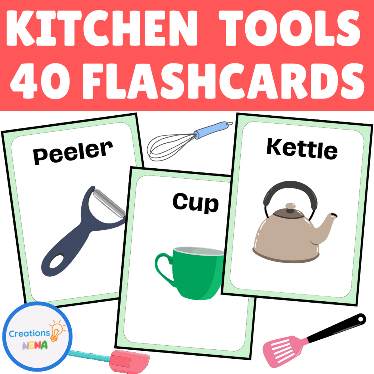 An educational teaching resource from Nena Creations entitled Kitchen Tools Vocabulary Flashcards downloadable at Teach Simple.