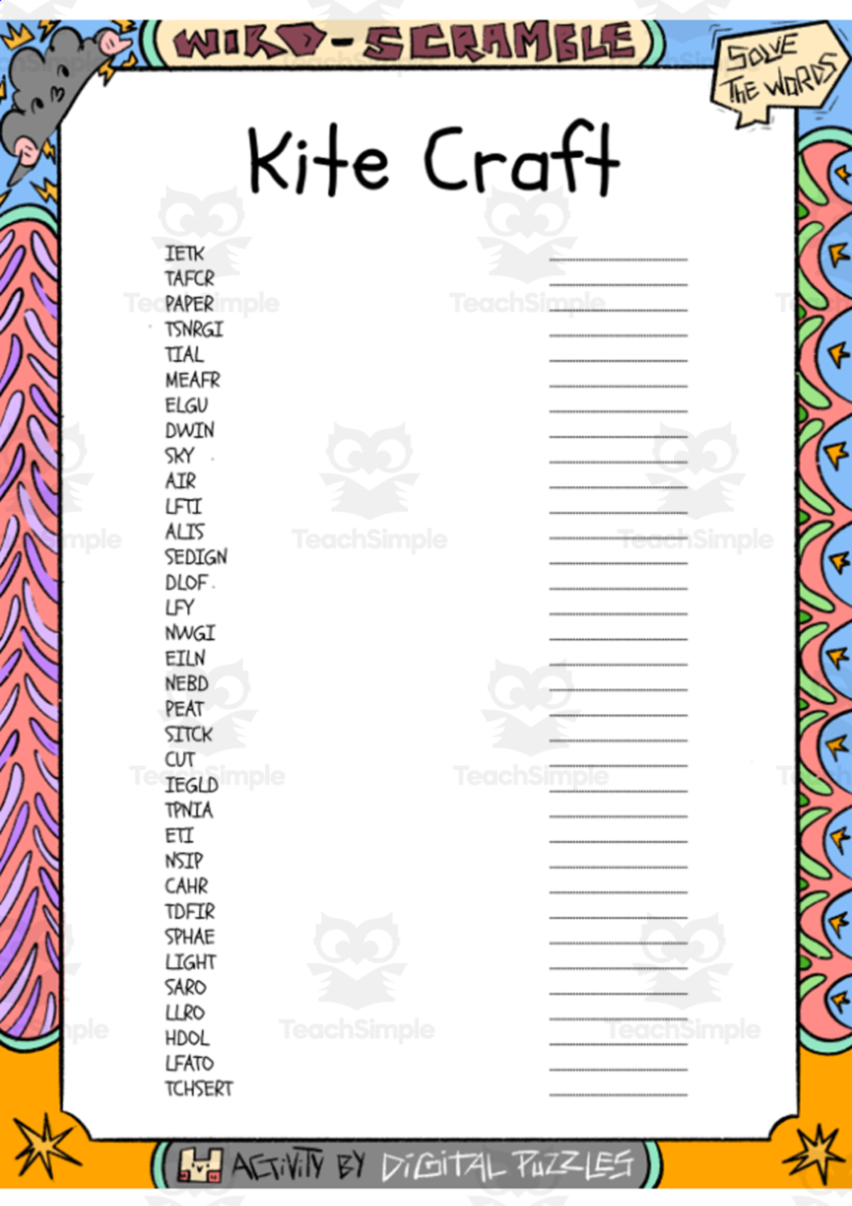 An educational teaching resource from Lapiiin Art Activities entitled Kite Craft word Scramble puzzle worksheet downloadable at Teach Simple.