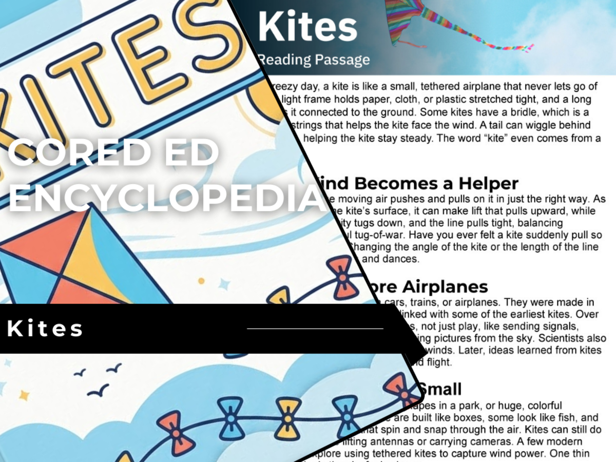 An educational teaching resource from Cored Education entitled Kites Reading Comprehension Passage - Cored Ed Encyclopedia downloadable at Teach Simple.