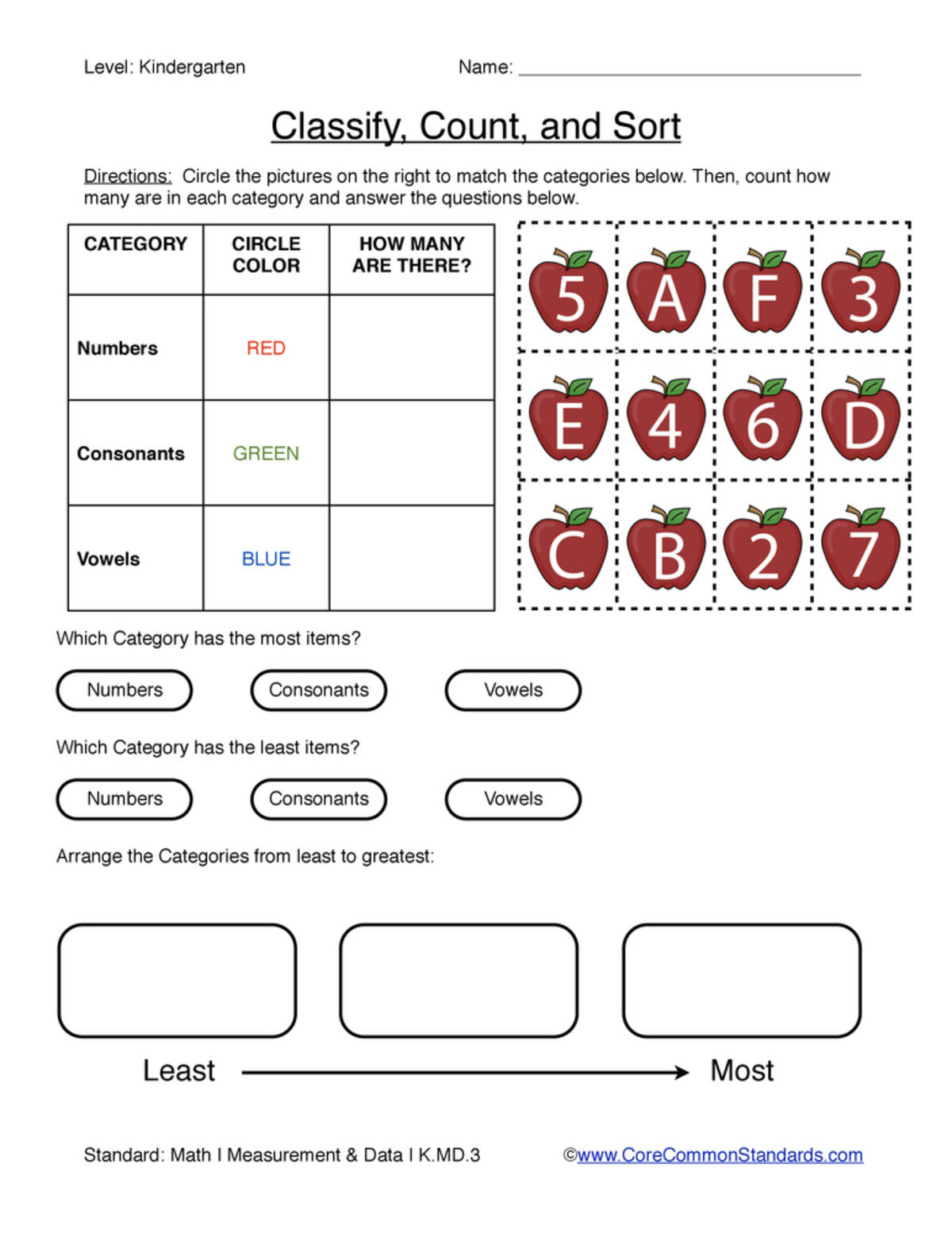 An educational teaching resource from Have Fun Teaching entitled K.MD.3 Common Core Worksheet downloadable at Teach Simple.