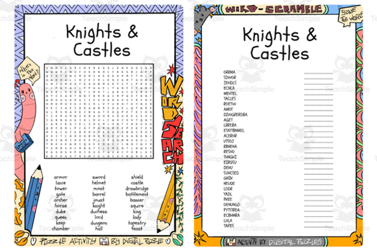 An educational teaching resource from Lapiiin Art Activities entitled Knights & Castles word search and word scramble downloadable at Teach Simple.