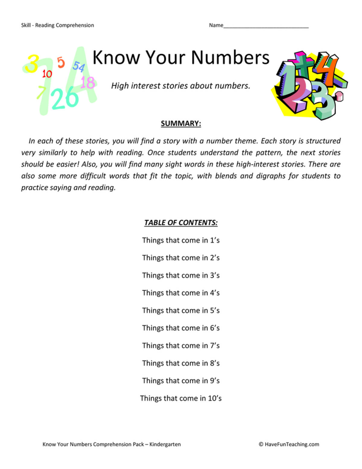 An educational teaching resource from Have Fun Teaching entitled Know Your Numbers Reading Comprehension Test Collection downloadable at Teach Simple.
