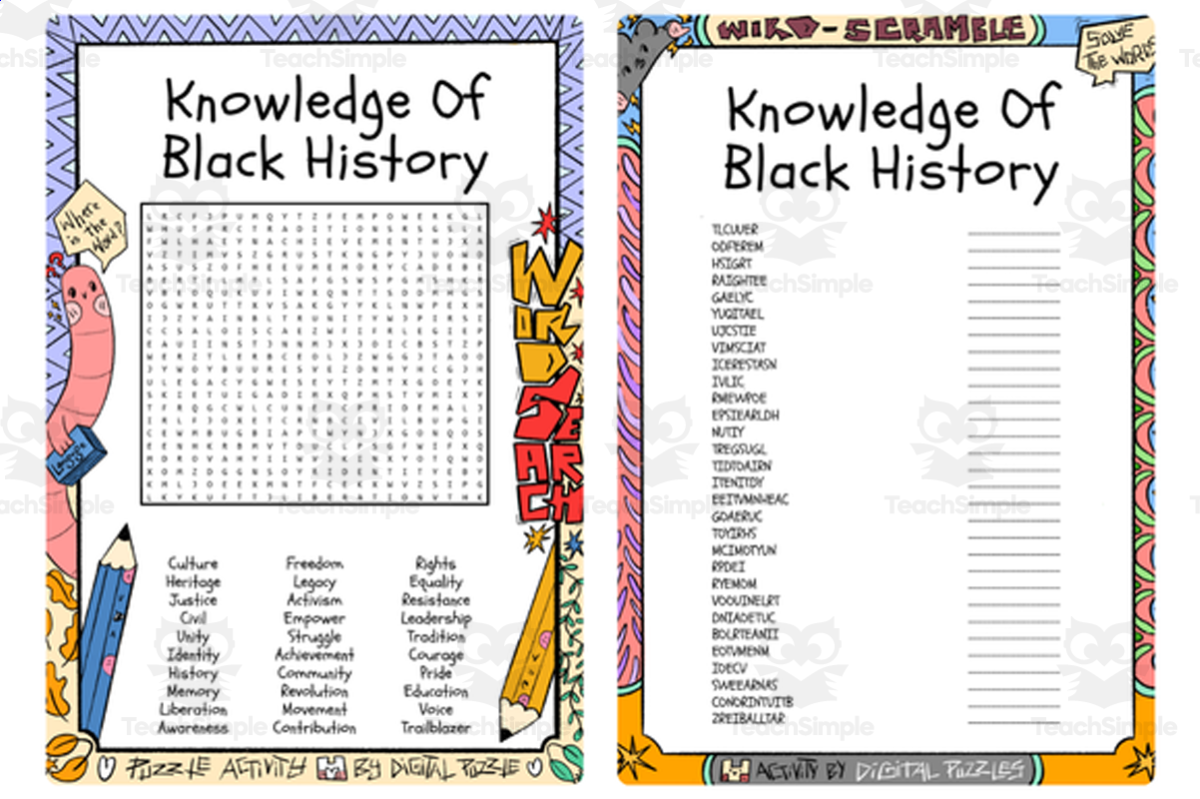 An educational teaching resource from Lapiiin Art Activities entitled Knowledge Of Black History word search & scramble downloadable at Teach Simple.