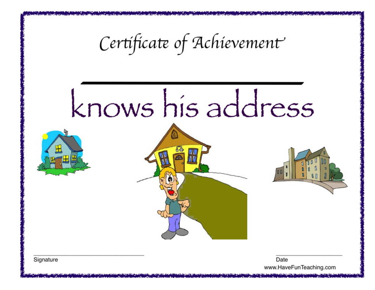 An educational teaching resource from Have Fun Teaching entitled Knows His Address Reward Certificate for Boys downloadable at Teach Simple.
