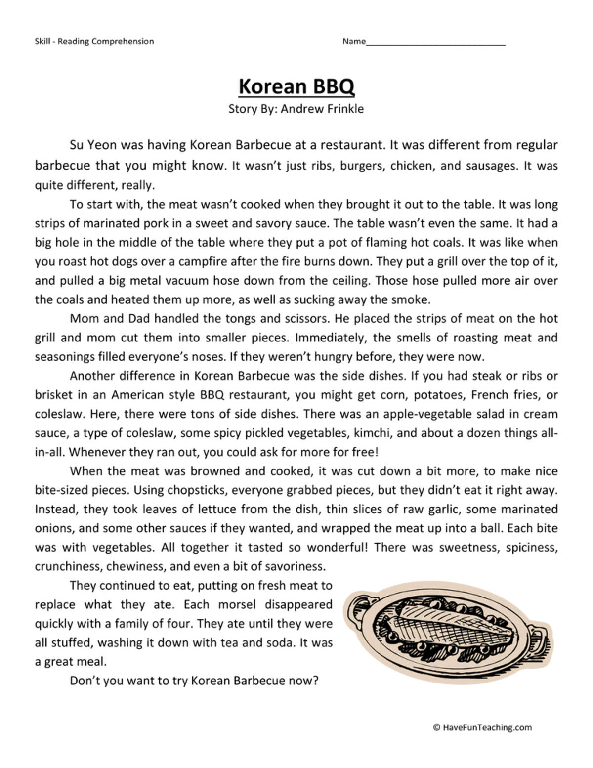 An educational teaching resource from Have Fun Teaching entitled Korean BBQ Reading Comprehension Worksheet downloadable at Teach Simple.