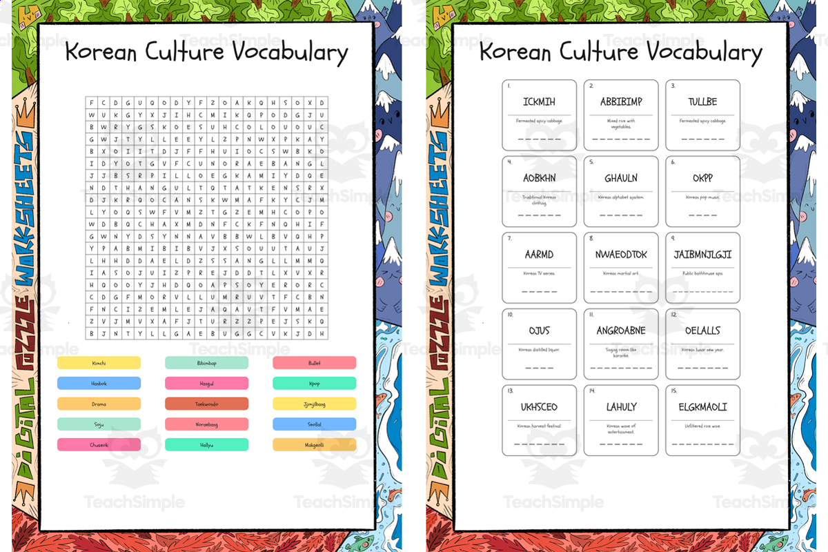 An educational teaching resource from Lapiiin Art Activities entitled Korean Culture Vocabulary word search, scramble and crossword puzzle downloadable at Teach Simple.