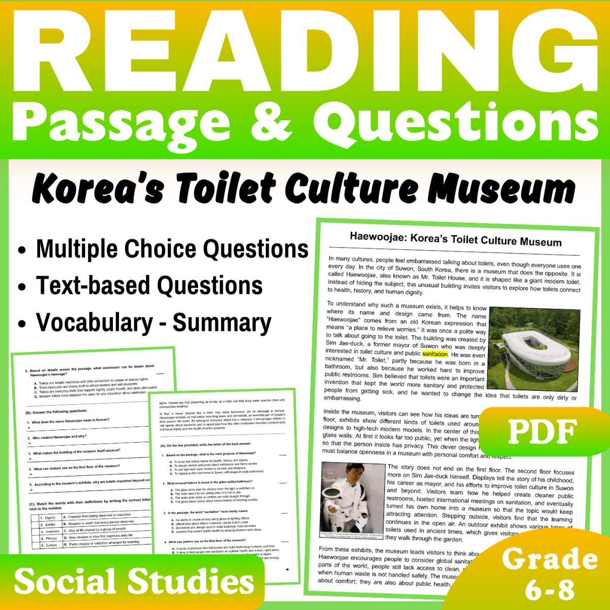 An educational teaching resource from CORED Education - Middle & High School entitled Korea’s Toilet Culture Museum: Social Studies Reading Passage (PDF) downloadable at Teach Simple.