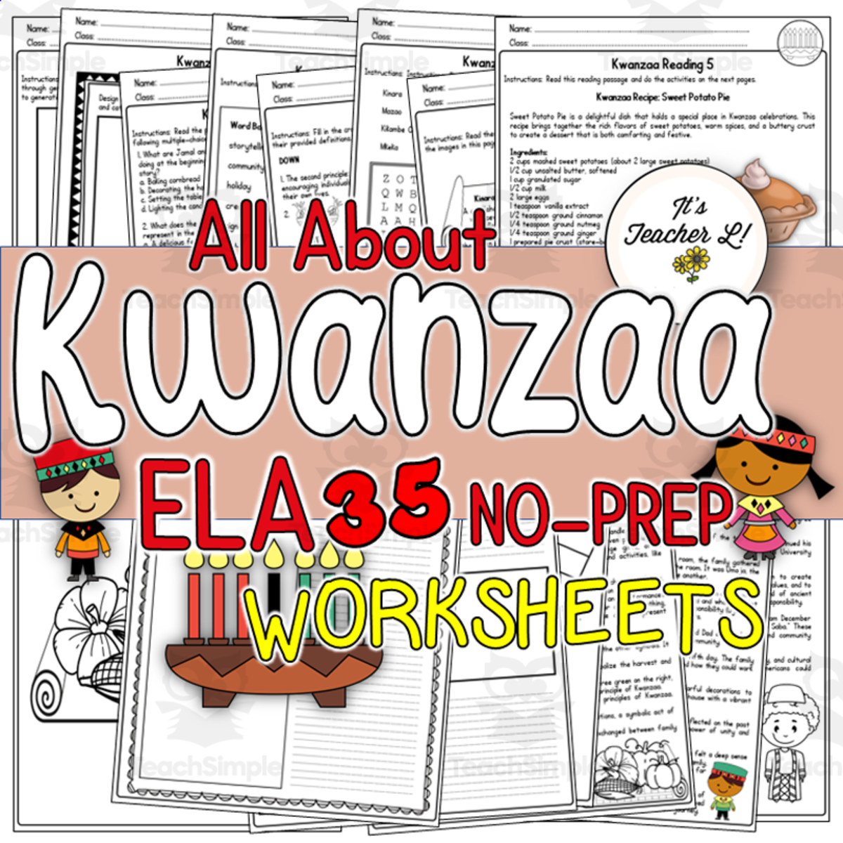An educational teaching resource from It's Teacher L entitled Kwanzaa No-Prep ELA Worksheets downloadable at Teach Simple.