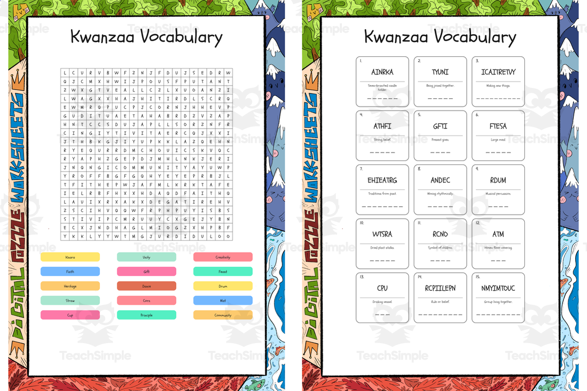 An educational teaching resource from Lapiiin Art Activities entitled Kwanzaa Vocabulary word search, scramble and crossword puzzle downloadable at Teach Simple.