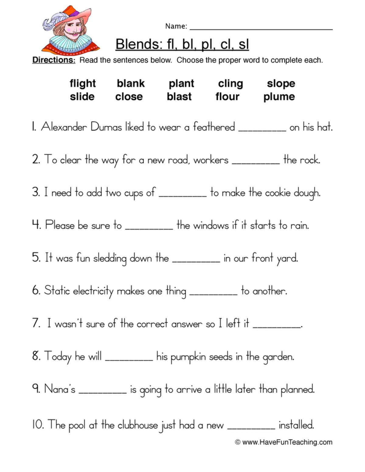 An educational teaching resource from Have Fun Teaching entitled L Blends Fill in the Blank Worksheet downloadable at Teach Simple.