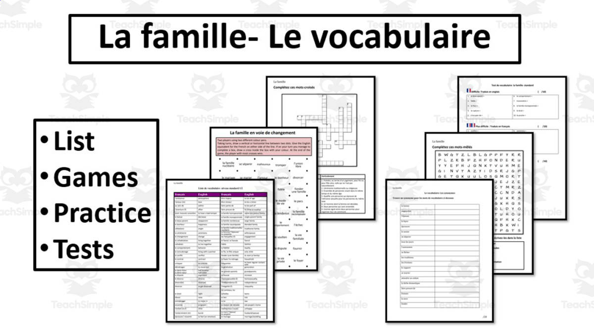 An educational teaching resource from Laprofdefrancais' Shop entitled La Famille- Vocabulary List and Activities- French Advanced downloadable at Teach Simple.