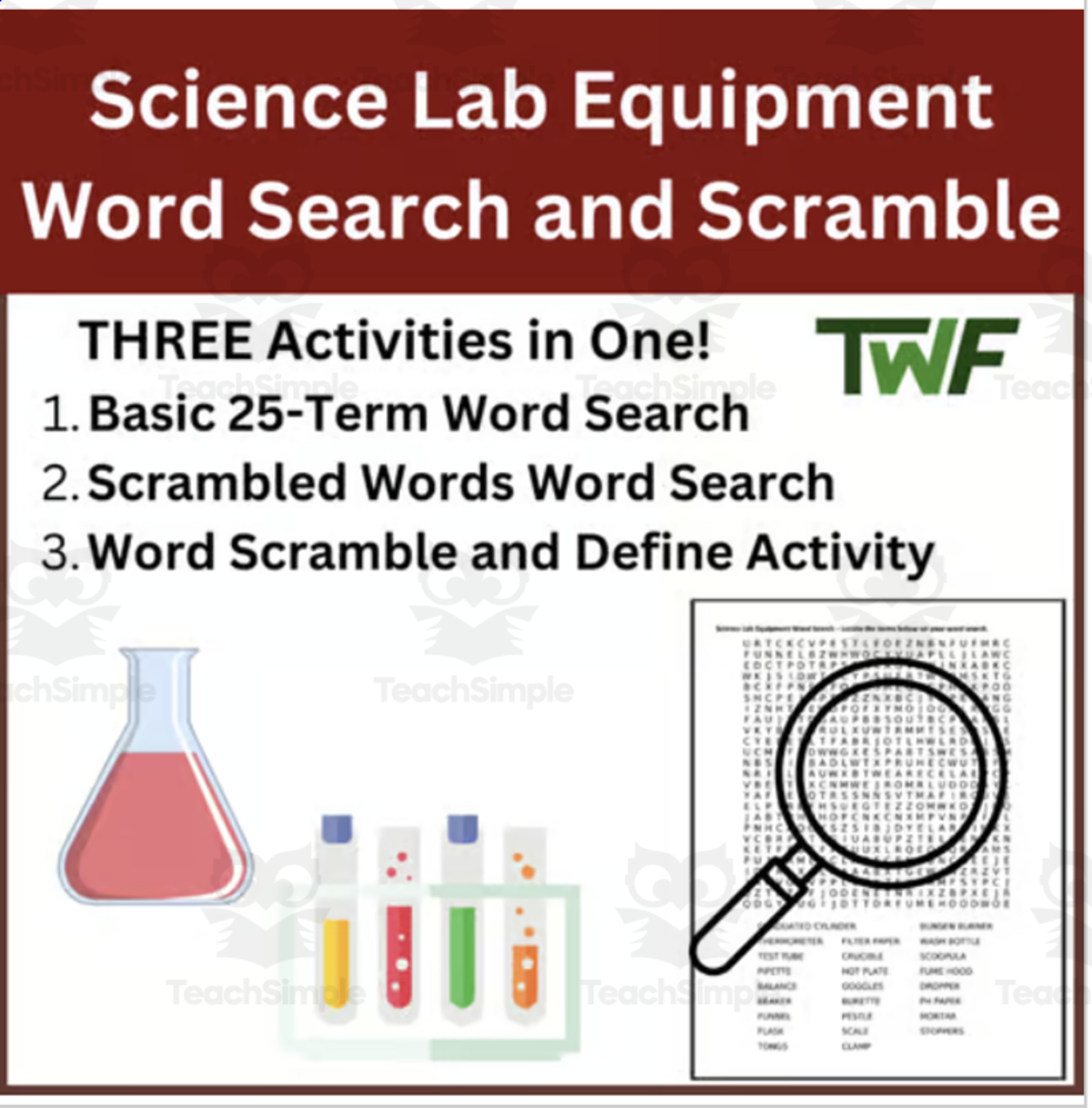 An educational teaching resource from Teach With Fergy entitled Lab Equipment for a Science Classroom Word Search & Scramble Activity downloadable at Teach Simple.