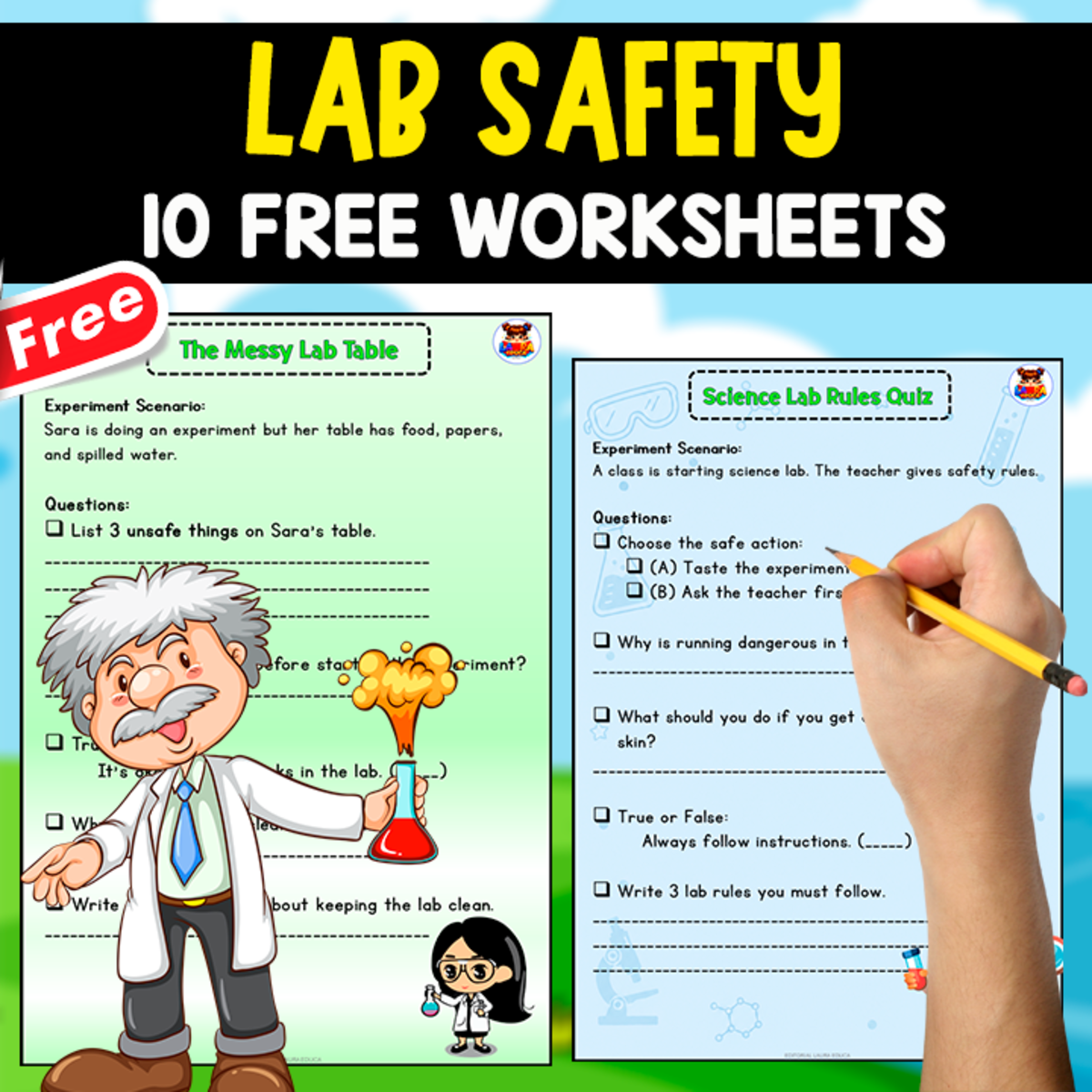 An educational teaching resource from EDITORIAL LAURA EDUCA entitled LAB SAFETY BOOK | 10 WORKSHEETS downloadable at Teach Simple.