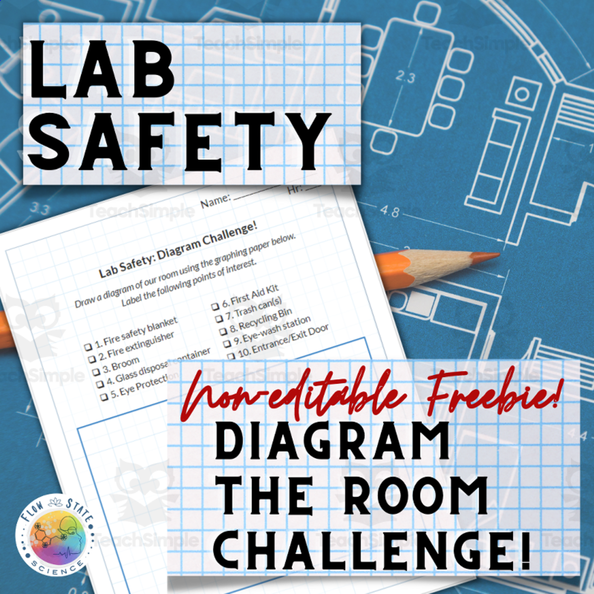 An educational teaching resource from Flow State Science entitled Lab Safety | Diagram The Science Room Challenge downloadable at Teach Simple.