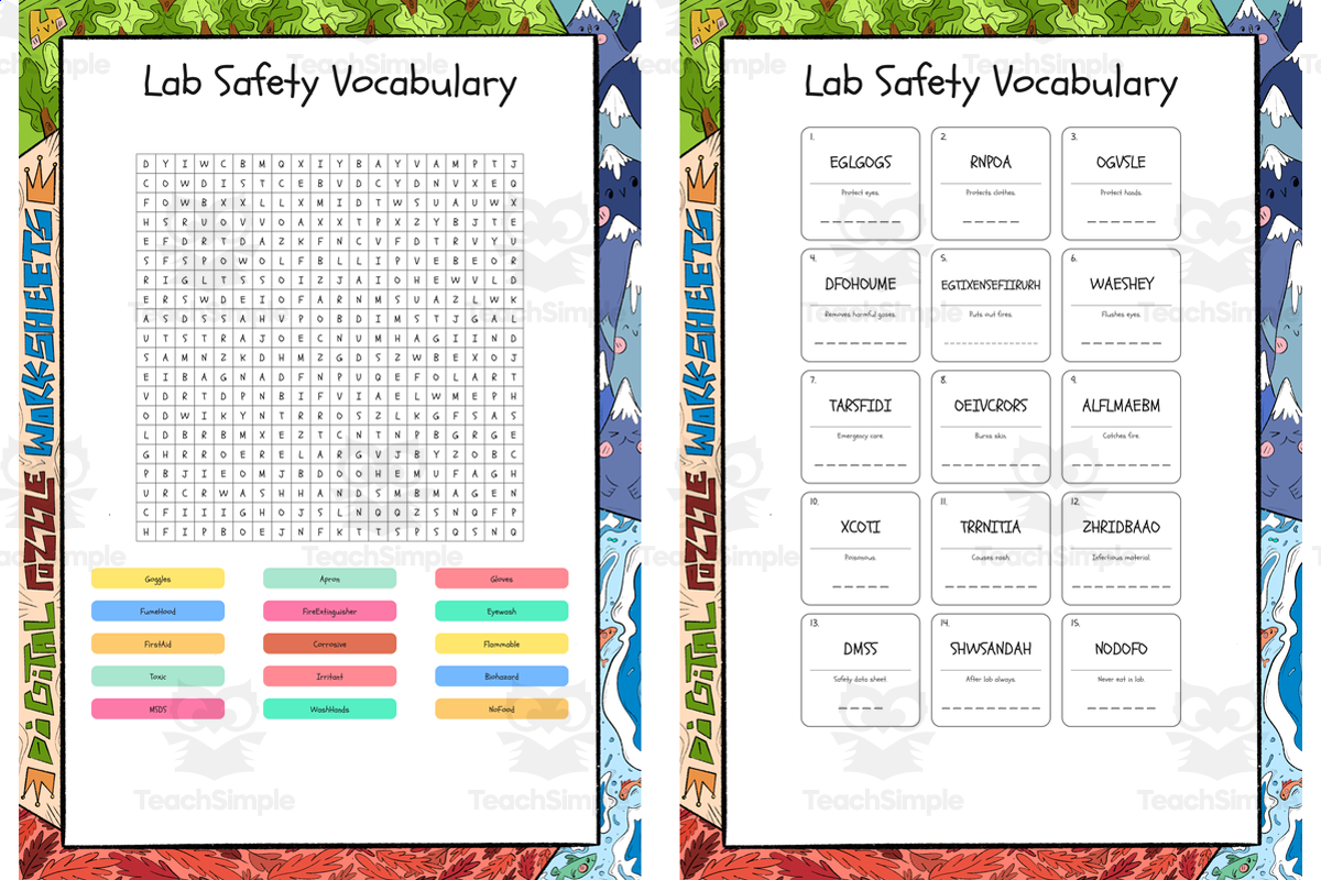 An educational teaching resource from Lapiiin Art Activities entitled Lab Safety Vocabulary word search, scramble and crossword puzzle downloadable at Teach Simple.