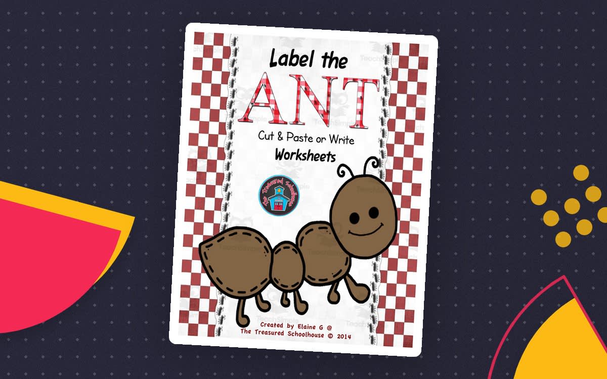 Label the Ant worksheets cover with a red gingham border and smiling ant illustrations for cut-and-paste or writing activities.