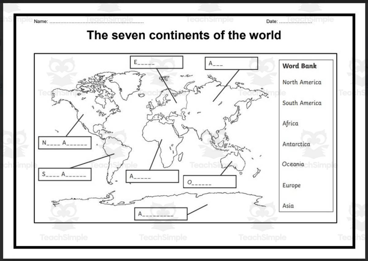 An educational teaching resource from Elementary Resources 4 U entitled 7 Continents Labeling – Differentiated Activities downloadable at Teach Simple.