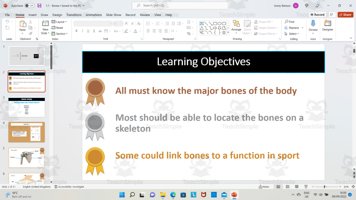 An educational teaching resource from The PE Tutor entitled Labelling Bones downloadable at Teach Simple.